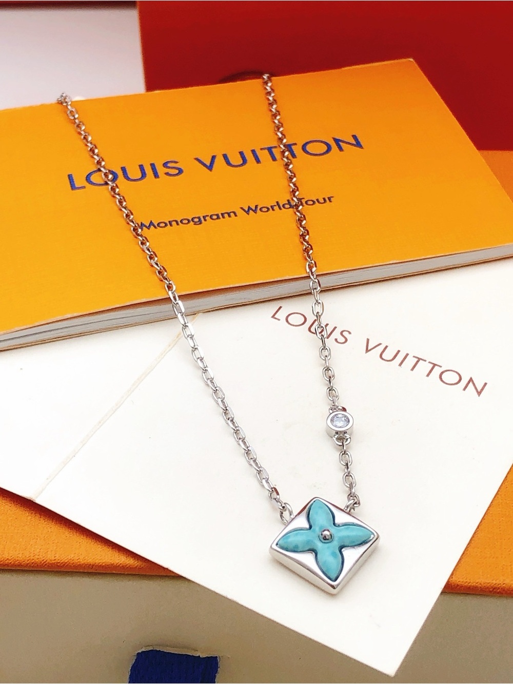 Louis Vuitton Silver Necklace with Turquoise Monogram Flower Pendant